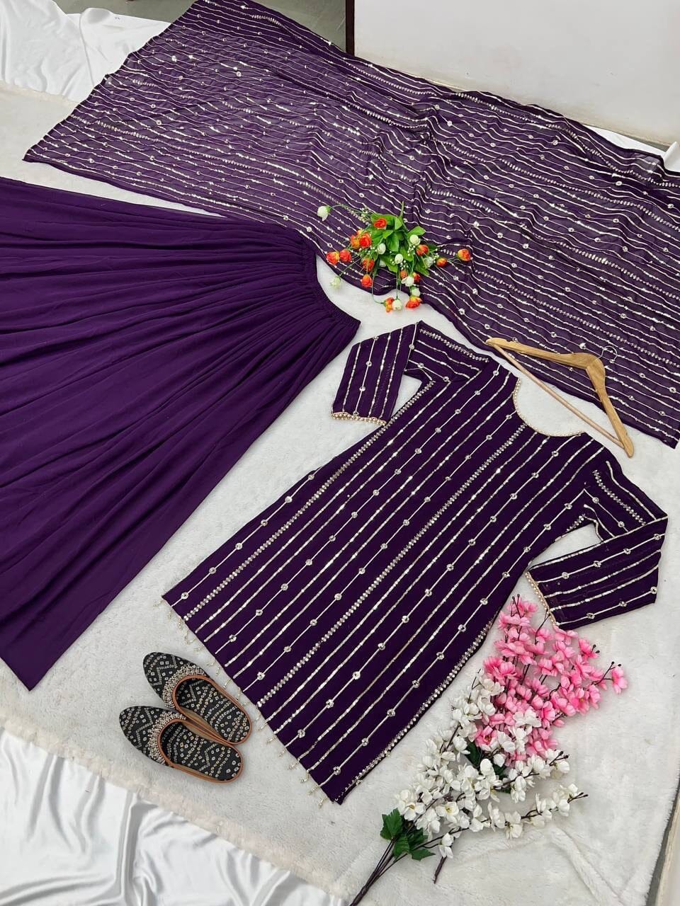 Purple Heavy Faux Georgette With Heavy Embroidery Sequence Plazzo Suit Designer Suits Shopin Di Apparels 