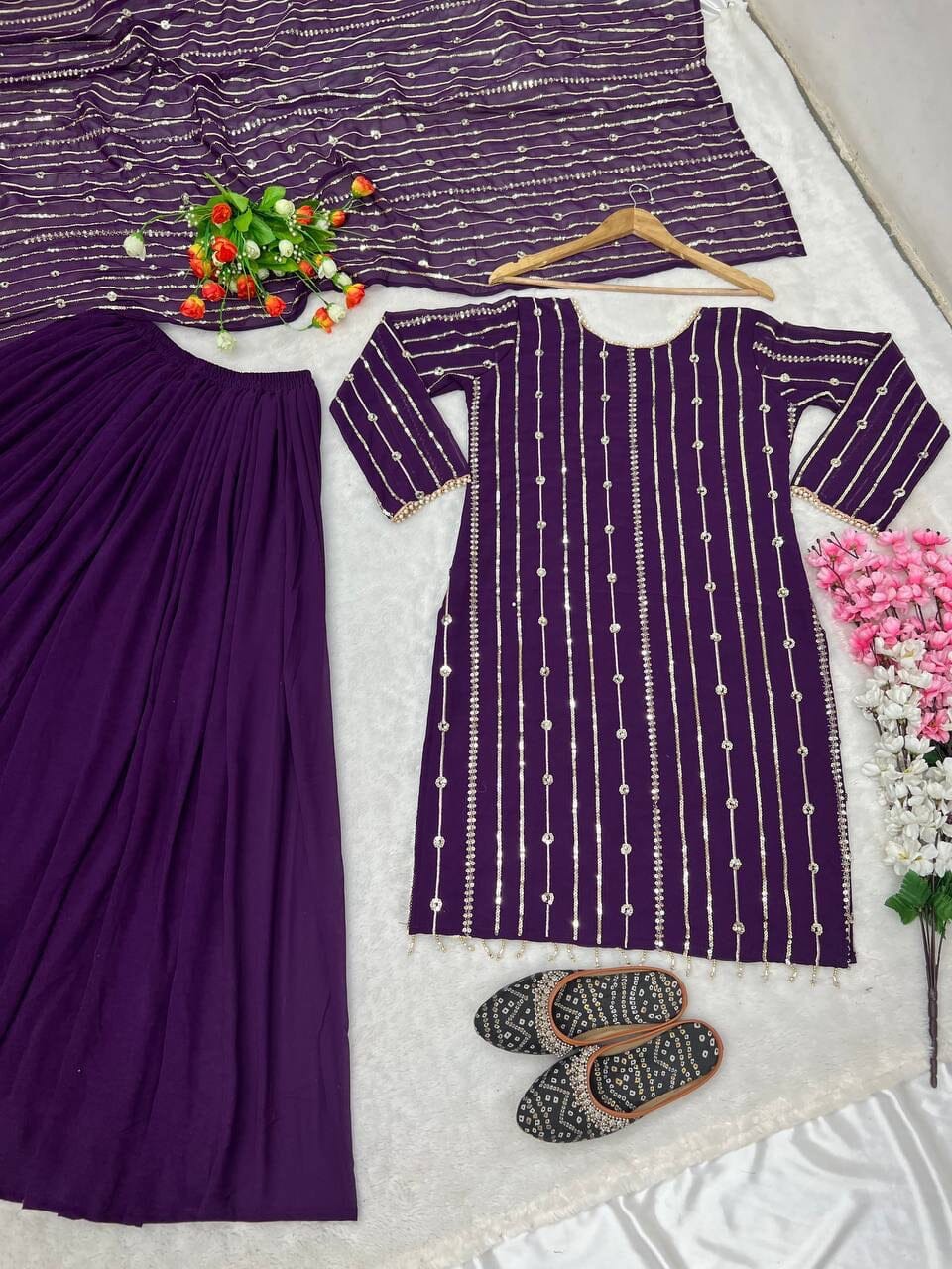 Purple Heavy Faux Georgette With Heavy Embroidery Sequence Plazzo Suit Designer Suits Shopin Di Apparels 