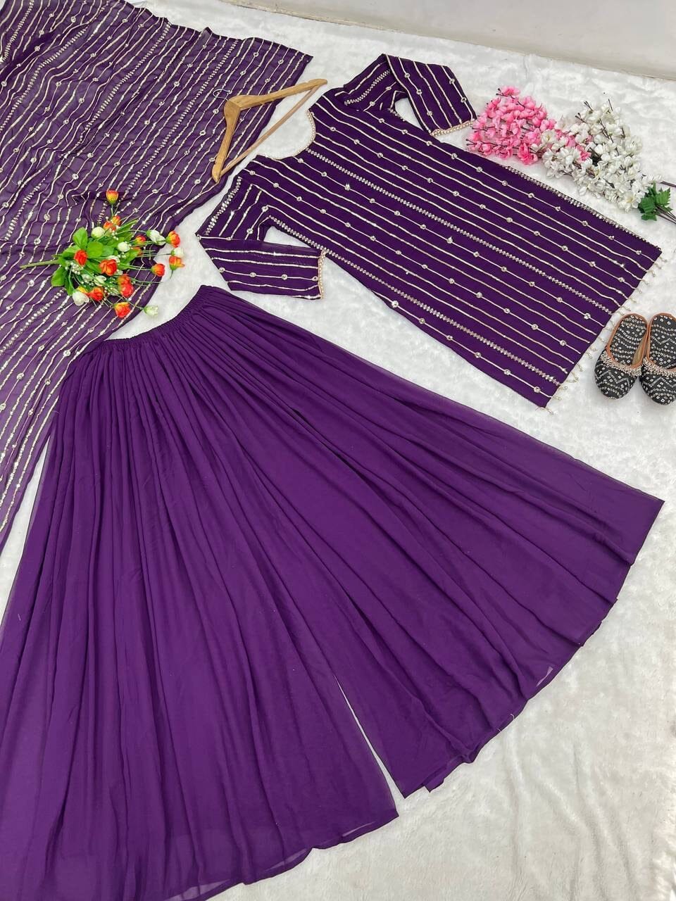 Purple Heavy Faux Georgette With Heavy Embroidery Sequence Plazzo Suit Designer Suits Shopin Di Apparels 