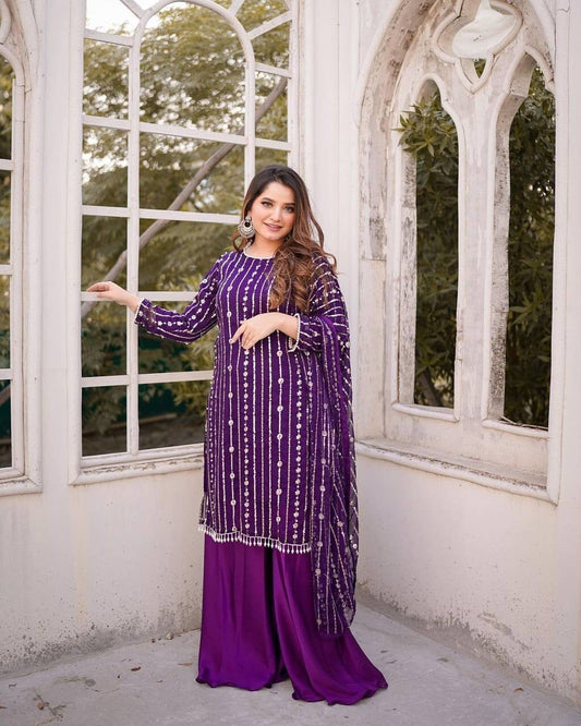 Purple Heavy Faux Georgette With Heavy Embroidery Sequence Plazzo Suit Designer Suits Shopin Di Apparels 