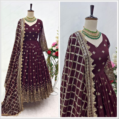 Purple Heavy Fox Georgette Sequence Work Designer Gown with Dupatta and Pant Designer Suits Shopin Di Apparels 