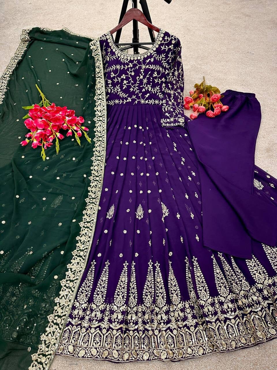 Purple Heavy Fox Georgette Sequence Work Designer Gown with Dupatta and Pant Ready Made Designer Suits Shopin Di Apparels 