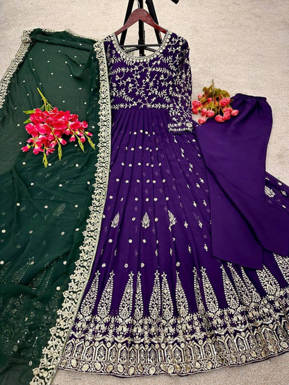 Purple Heavy Fox Georgette Sequence Work Designer Gown with Dupatta and Pant Ready Made Designer Suits Shopin Di Apparels 