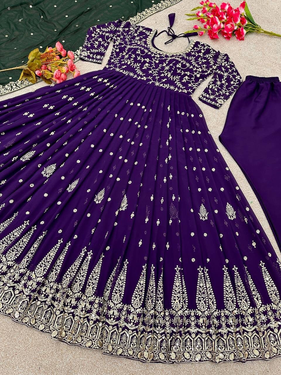 Purple Heavy Fox Georgette Sequence Work Designer Gown with Dupatta and Pant Ready Made Designer Suits Shopin Di Apparels 