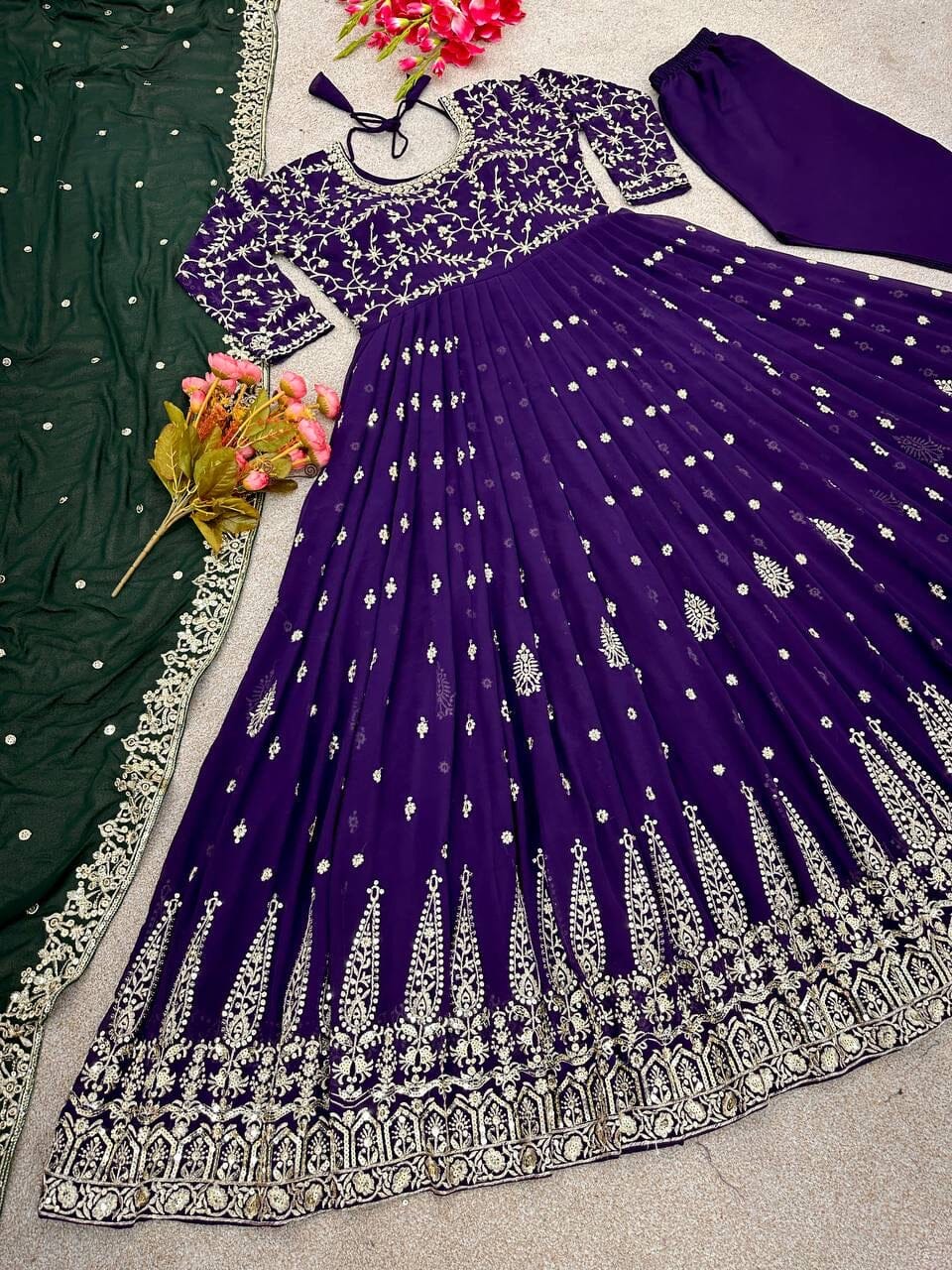 Purple Heavy Fox Georgette Sequence Work Designer Gown with Dupatta and Pant Ready Made Designer Suits Shopin Di Apparels 
