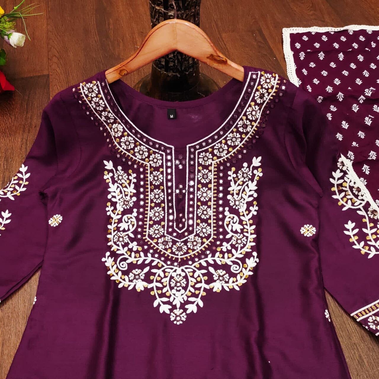 Purple Heavy Rayon Straight Mirror Work Kurti with Dupatta and Pant Ready Made Designer Suits Shopin Di Apparels 