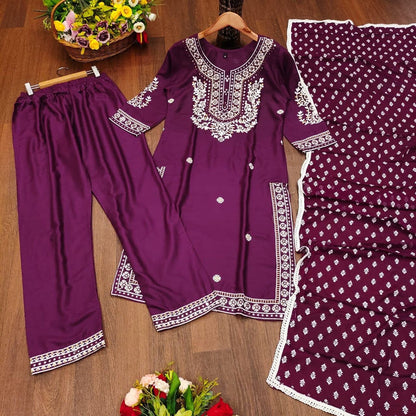 Purple Heavy Rayon Straight Mirror Work Kurti with Dupatta and Pant Ready Made Designer Suits Shopin Di Apparels 