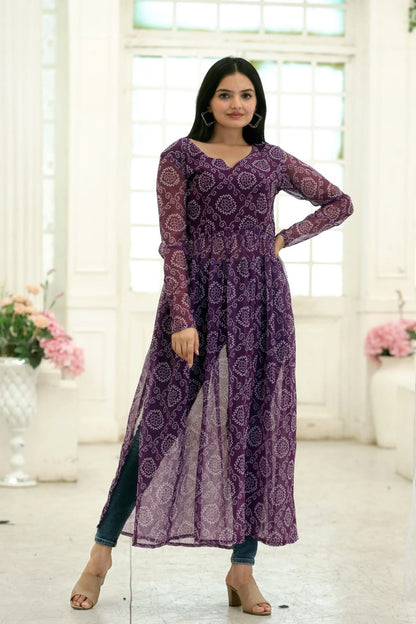 Purple Nayra Cut Long Georgette Bandhej Digital Print Kurti Kurti Shopin Di Apparels 