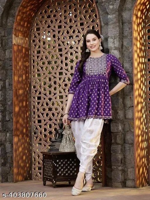 Purple Rayon Embroidered Kurti with Dhoti Shopin Di Apparels 