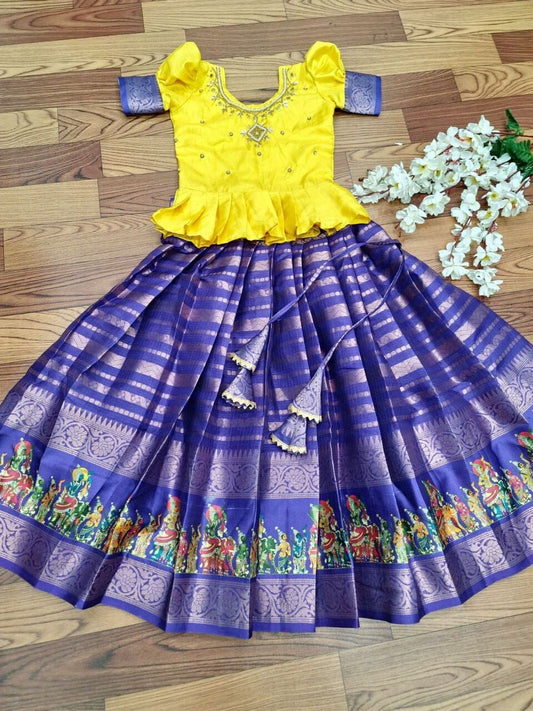 Purple Yellow Kota Doriya Silk Kid's Lehenga Festival Wear Pavadai Sattai Kid's Lehenga Shopindiapparels.com 