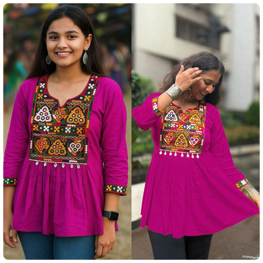 Rani Pink Heavy Rayon Baby Doll Short Top With Gamthi Lace and mirror work Western Top Shopin Di Apparels 