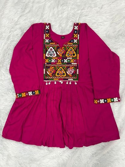 Rani Pink Heavy Rayon Baby Doll Short Top With Gamthi Lace and mirror work Western Top Shopin Di Apparels 