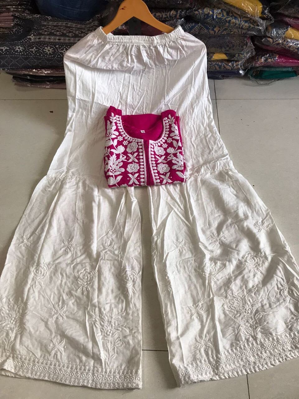 Rayon White Embroidered Kurti with Sharara Pants Set in 6 colors Kurti with Sharara Shopin Di Apparels 