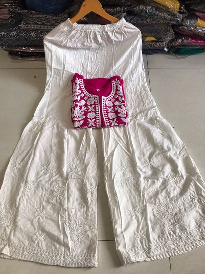 Rayon White Embroidered Kurti with Sharara Pants Set in 6 colors Kurti with Sharara Shopin Di Apparels 