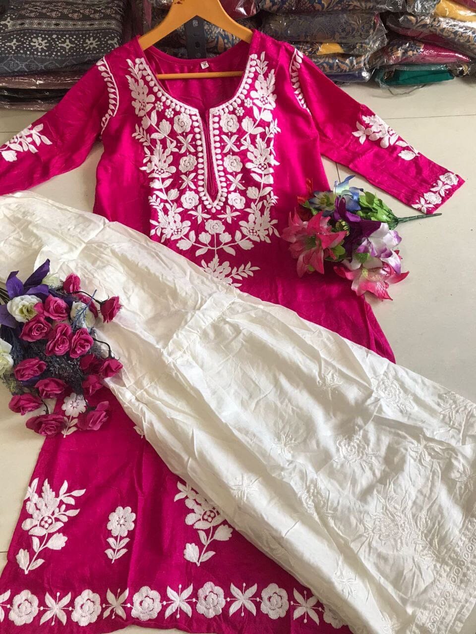 Rayon White Embroidered Kurti with Sharara Pants Set in 6 colors Kurti with Sharara Shopin Di Apparels 
