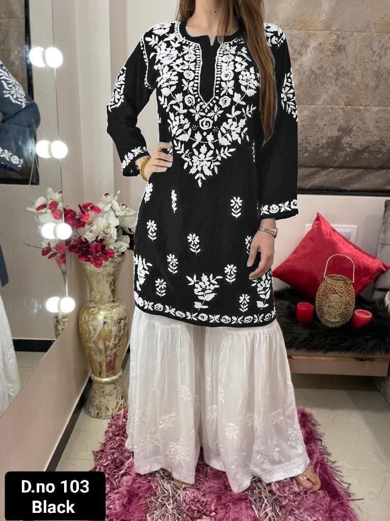 Rayon White Embroidered Kurti with Sharara Pants Set in 6 colors Kurti with Sharara Shopin Di Apparels 