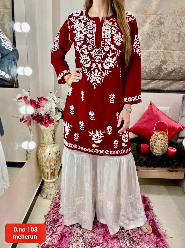 Rayon White Embroidered Kurti with Sharara Pants Set in 6 colors Kurti with Sharara Shopin Di Apparels 