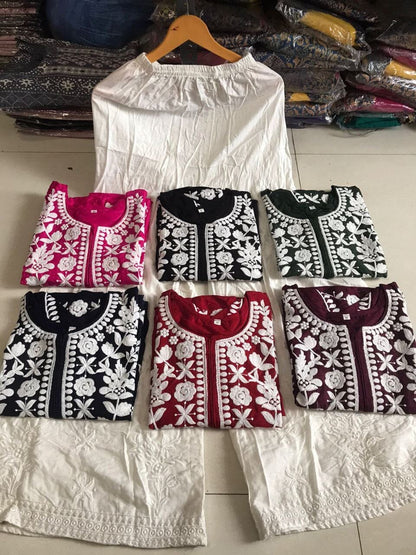 Rayon White Embroidered Kurti with Sharara Pants Set in 6 colors Kurti with Sharara Shopin Di Apparels 