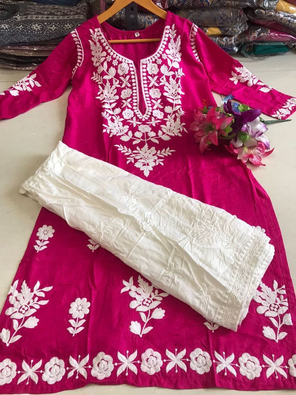 Rayon White Embroidered Kurti with Sharara Pants Set in 6 colors Kurti with Sharara Shopin Di Apparels 