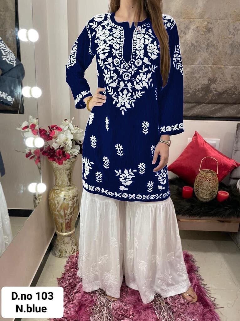 Rayon White Embroidered Kurti with Sharara Pants Set in 6 colors Kurti with Sharara Shopin Di Apparels 