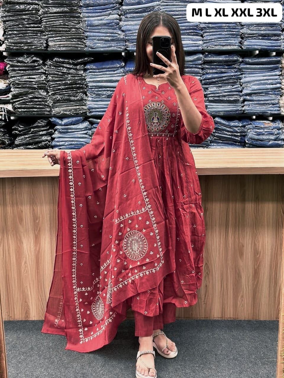 Red Anarkali Cotton Kurti with Dupatta and Pant Kurti with Dupatta and Bottom Shopin Di Apparels 