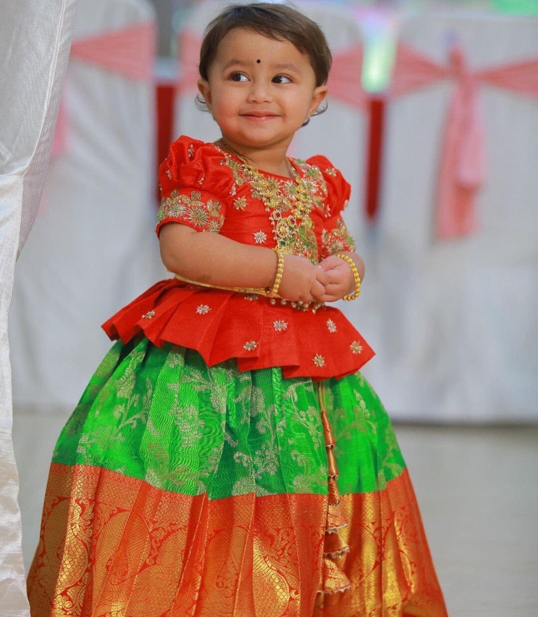 Red and Green Lichi Silk Embroidered Kid’s Lehenga Festival Wear Pavadai Sattai Kid's Lehenga Shopindiapparels.com 