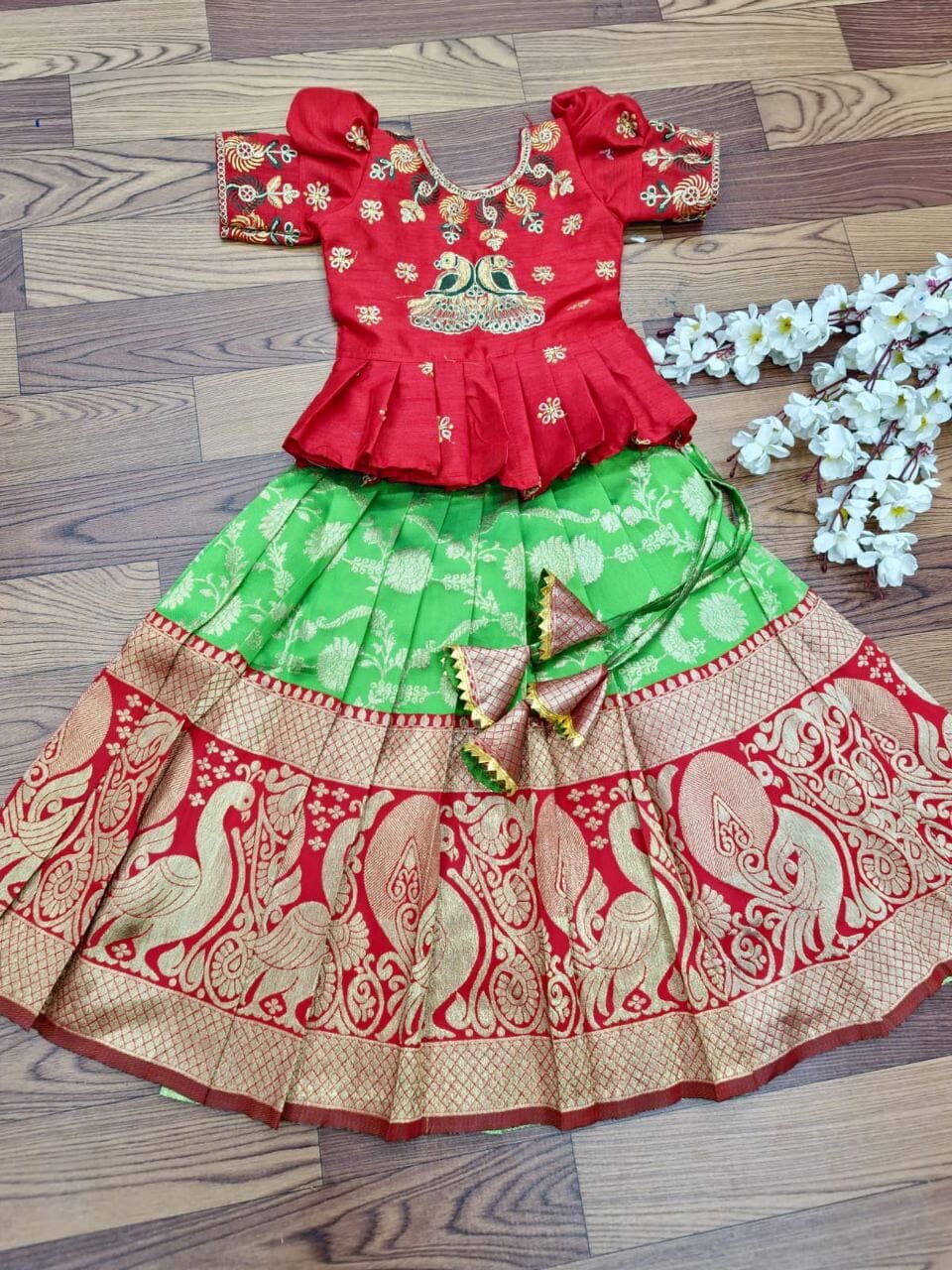 Red and Green Lichi Silk Embroidered Kid’s Lehenga Festival Wear Pavadai Sattai Kid's Lehenga Shopindiapparels.com 