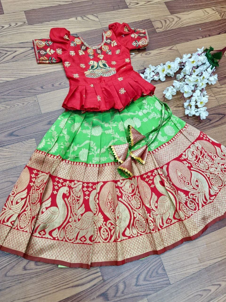 Red and Green Lichi Silk Embroidered Kid’s Lehenga Festival Wear Pavadai Sattai Kid's Lehenga Shopindiapparels.com 