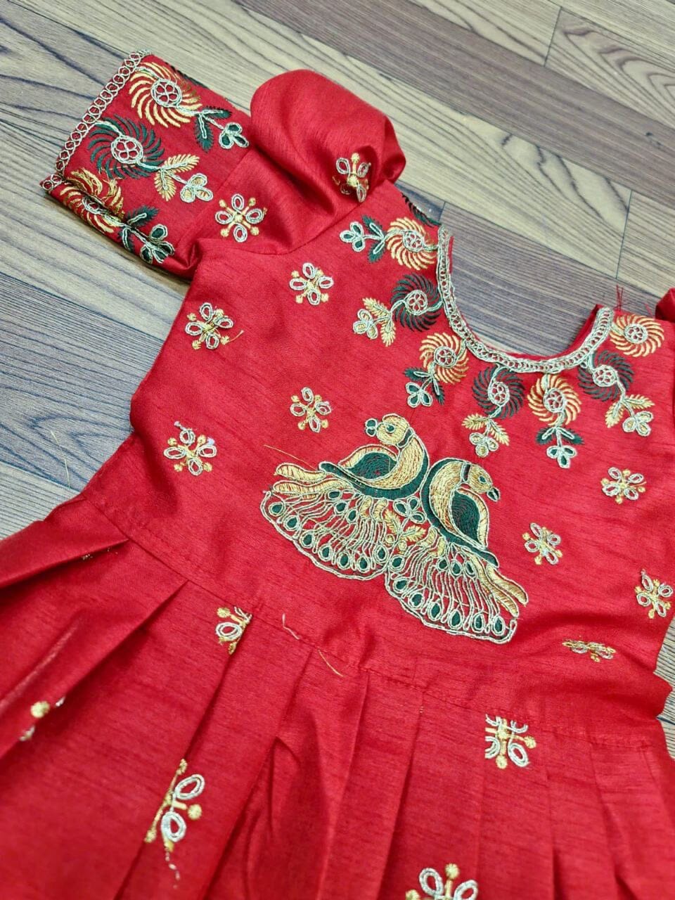 Red and Green Lichi Silk Embroidered Kid’s Lehenga Festival Wear Pavadai Sattai Kid's Lehenga Shopindiapparels.com 