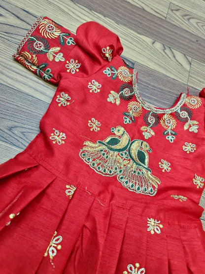 Red and Green Lichi Silk Embroidered Kid’s Lehenga Festival Wear Pavadai Sattai Kid's Lehenga Shopindiapparels.com 