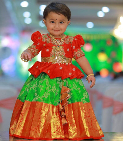 Red and Green Lichi Silk Embroidered Kid’s Lehenga Festival Wear Pavadai Sattai Kid's Lehenga Shopindiapparels.com 