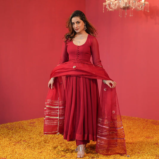 Red Christmas Special Long Anarkali Gown Suit Designer Suits Shopindiapparels.com 