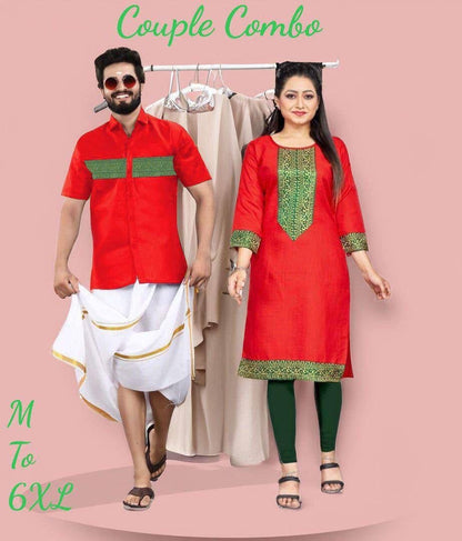 Red Cotton Slub with Jaquard Lace Kurti & Kurta Couple Combo Combo Shopin Di Apparels 