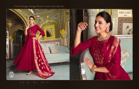 Red Designer Bemberg Silk Gown With Jacquard Dupatta Gown with Dupatta Lily and Lali 