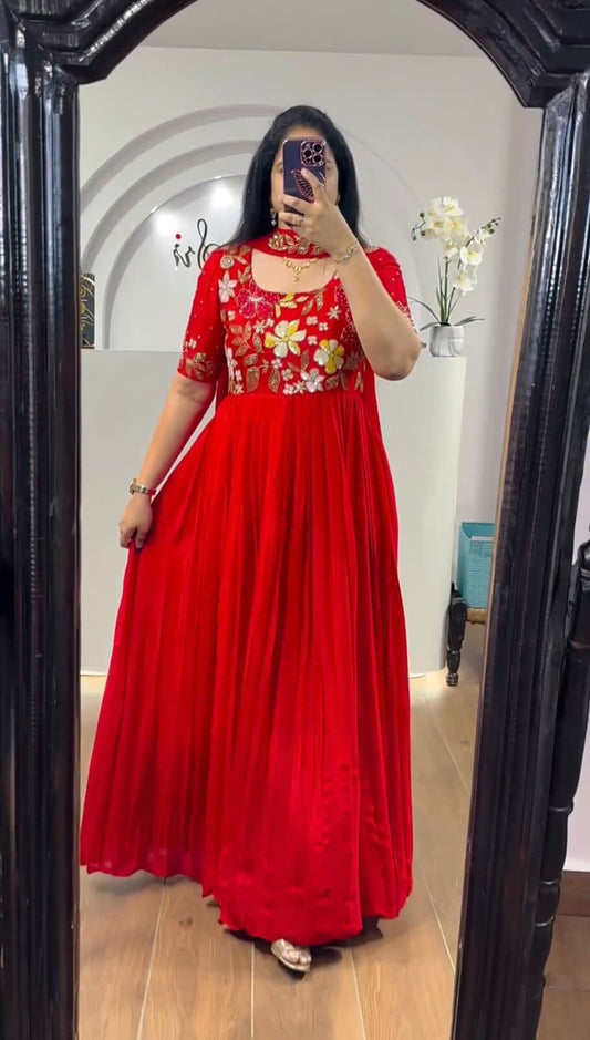 Red Designer Embroidered Flair Anarkali Gown with Dupatta Gown with Dupatta Shopin Di Apparels 
