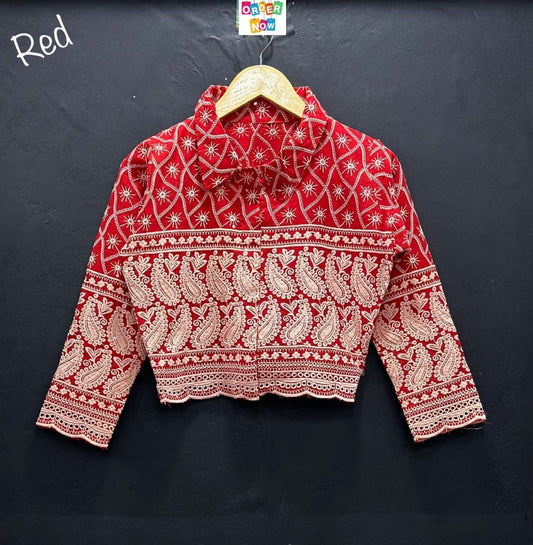 Red Lucknowi Sequence Work with Long Sleeve Western Crop Top Western Tops Shopin Di Apparels 