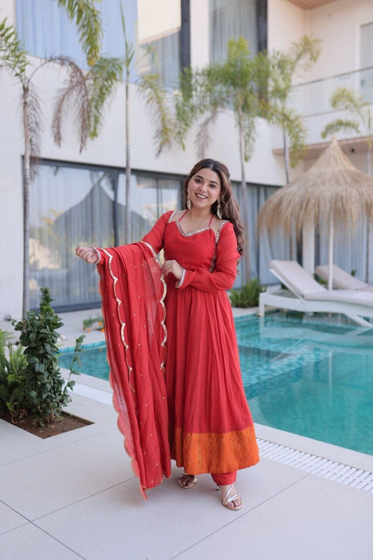 Red Mul Chanderi Anarkali with Dupatta and Roman Silk Pant Kurti with Dupatta and Bottom Shopin Di Apparels 