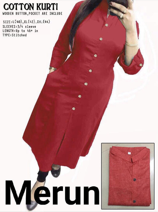 Red Plain Collar Cotton Kurti with Button and Pockets Kurti Shopin Di Apparels