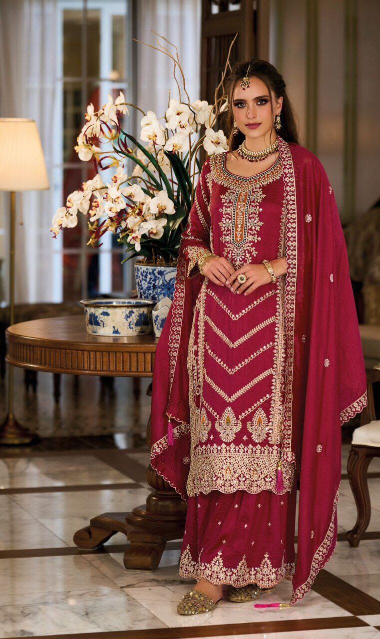Red Premium Silk Designer Sharara Suit with Embroidery and Diamond Work Ready Made Designer Suits Shopin Di Apparels 