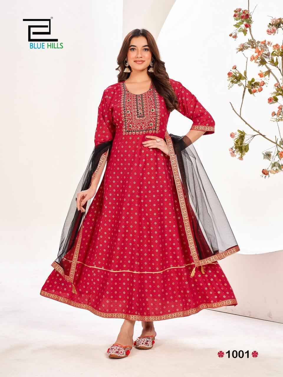 Red Rayon Anarkali Embroidered Kurti with Net Dupatta Gown with Dupatta Shopin Di Apparels 