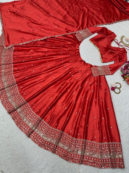 Red Satin Silk Sequence Embroidery 3pc Lehenga Suit 3pc Lehenga's Shopin Di Apparels 