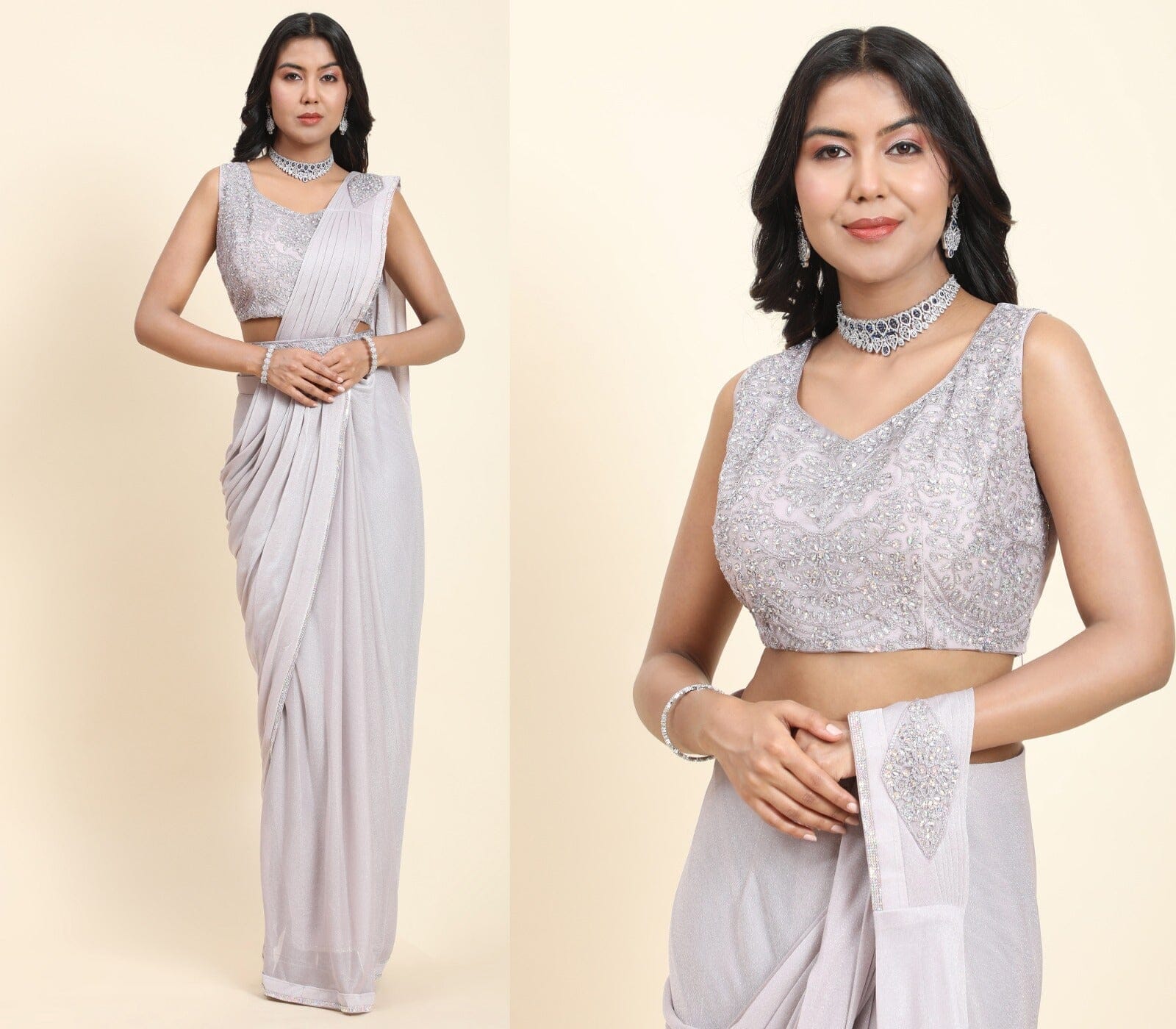 Rose Grey Metallic Simmar Fabric with Handwork Belt Ready to Wear Saree Ready to Wear Saree Shopin Di Apparels 