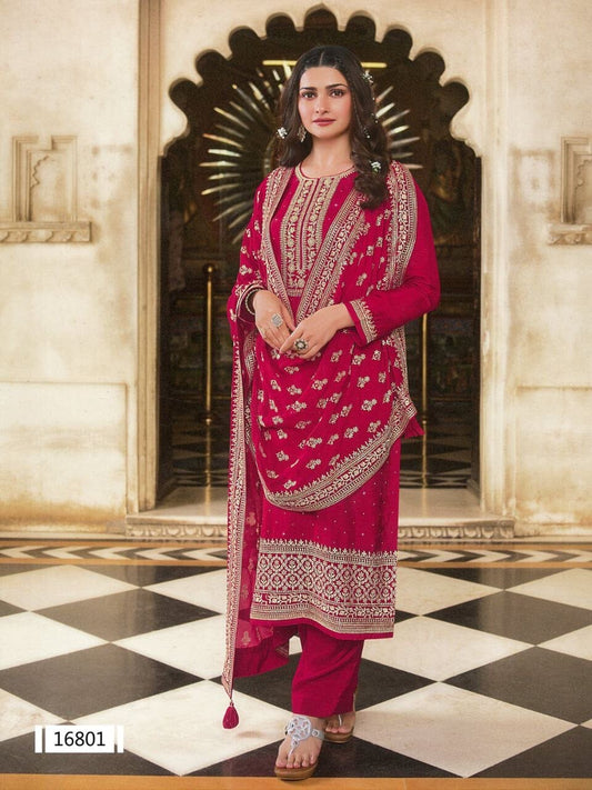Rose Red Heavy Dola Silk Designer Salwar Kameez Straight Cut Suit Designer Suits Vinay 