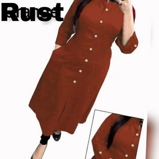 Rust Plain Collar Cotton Kurti with Button and Pockets Kurti Shopin Di Apparels