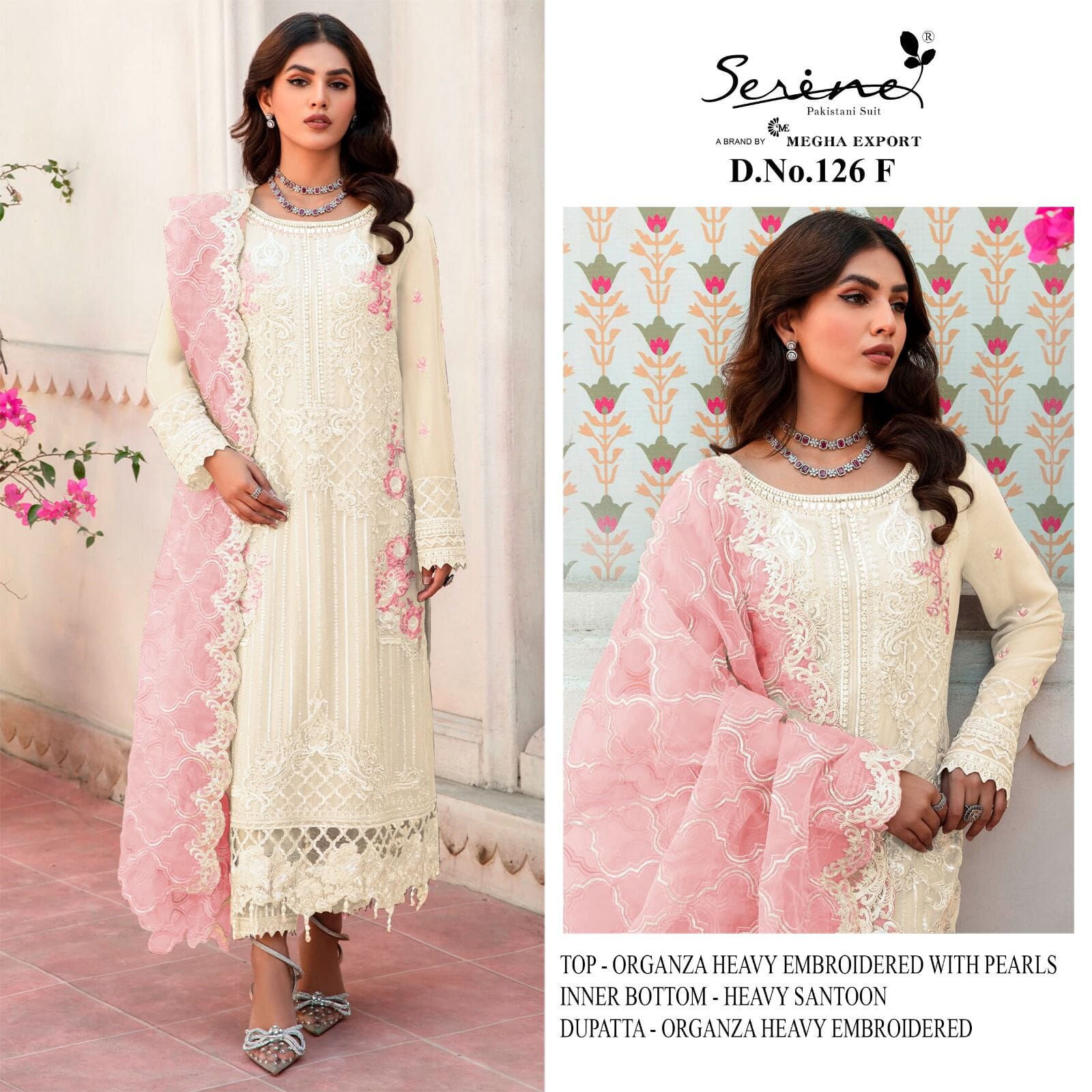 S126 Designer White Pakistani Organza salwar Kameez Suit with Pearl Work in 4 colors Designer Suits Serene 