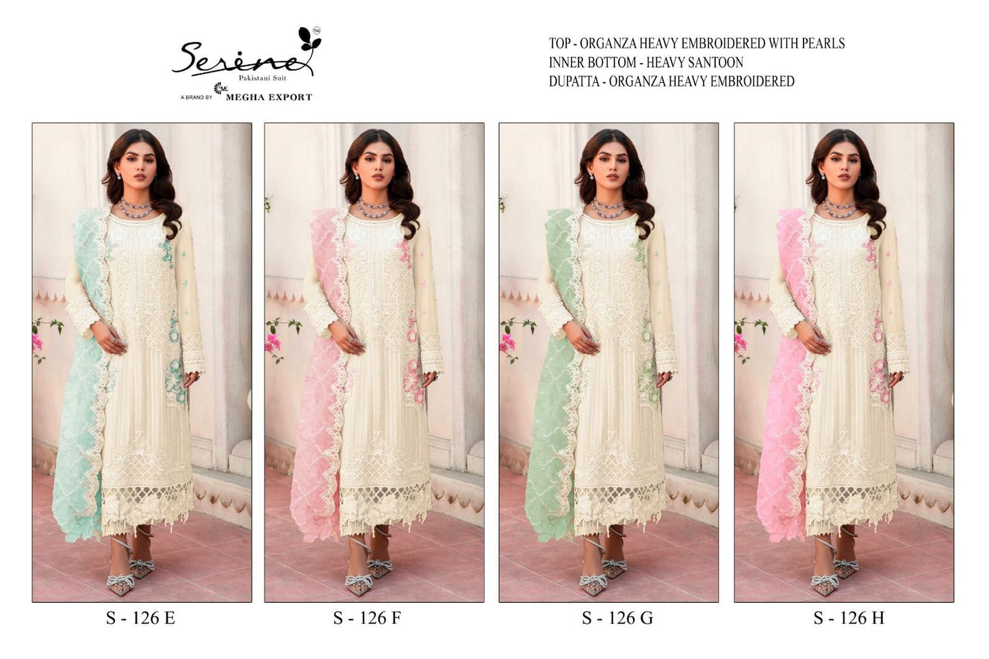 S126 Designer White Pakistani Organza salwar Kameez Suit with Pearl Work in 4 colors Designer Suits Serene 