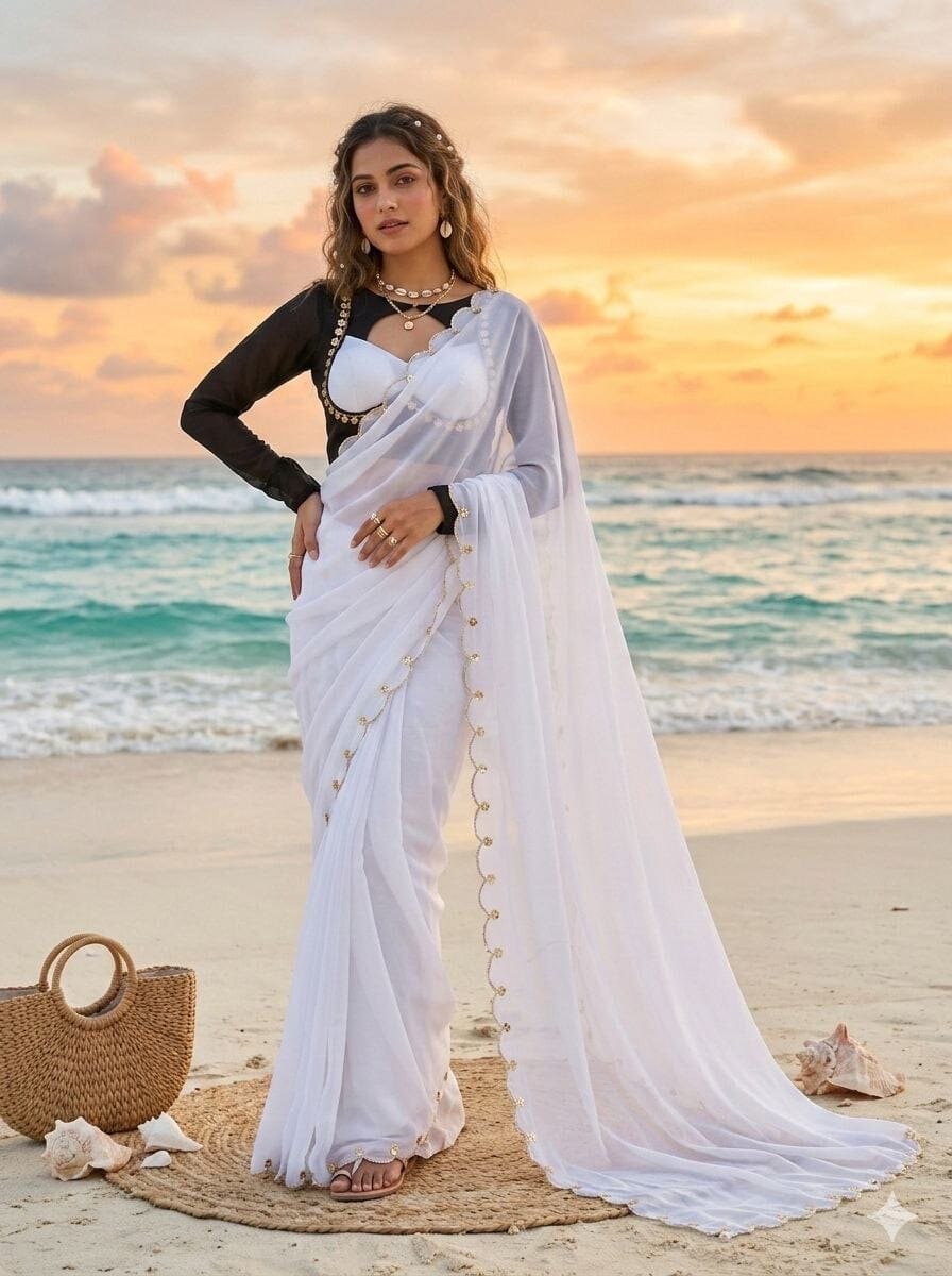 Sabhyasachi Designer Madhubala Readymade Black Blouse with White Georgette Handworked Saree Readymade Blouse Shopin Di Apparels 
