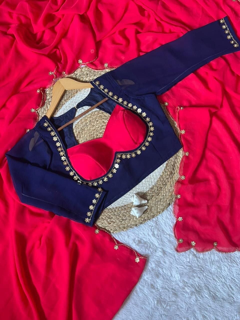 Sabhyasachi Designer Madhubala Readymade Dark Blue Blouse with Pink Georgette Handworked Saree Readymade Blouse Shopin Di Apparels 