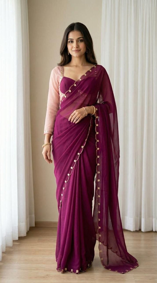 Sabhyasachi Designer Madhubala Readymade Pink Blouse with Wine Purple Georgette Handworked Saree Readymade Blouse Shopin Di Apparels 