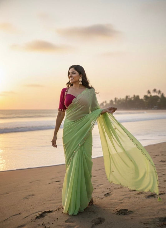 Sabhyasachi Designer Madhubala Readymade Red Blouse with Neon Green Georgette Handworked Saree Readymade Blouse Shopin Di Apparels 